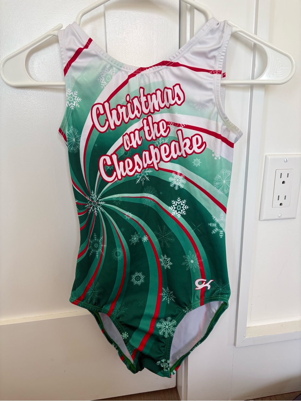 GK Green and White Holiday gymnastics leotard